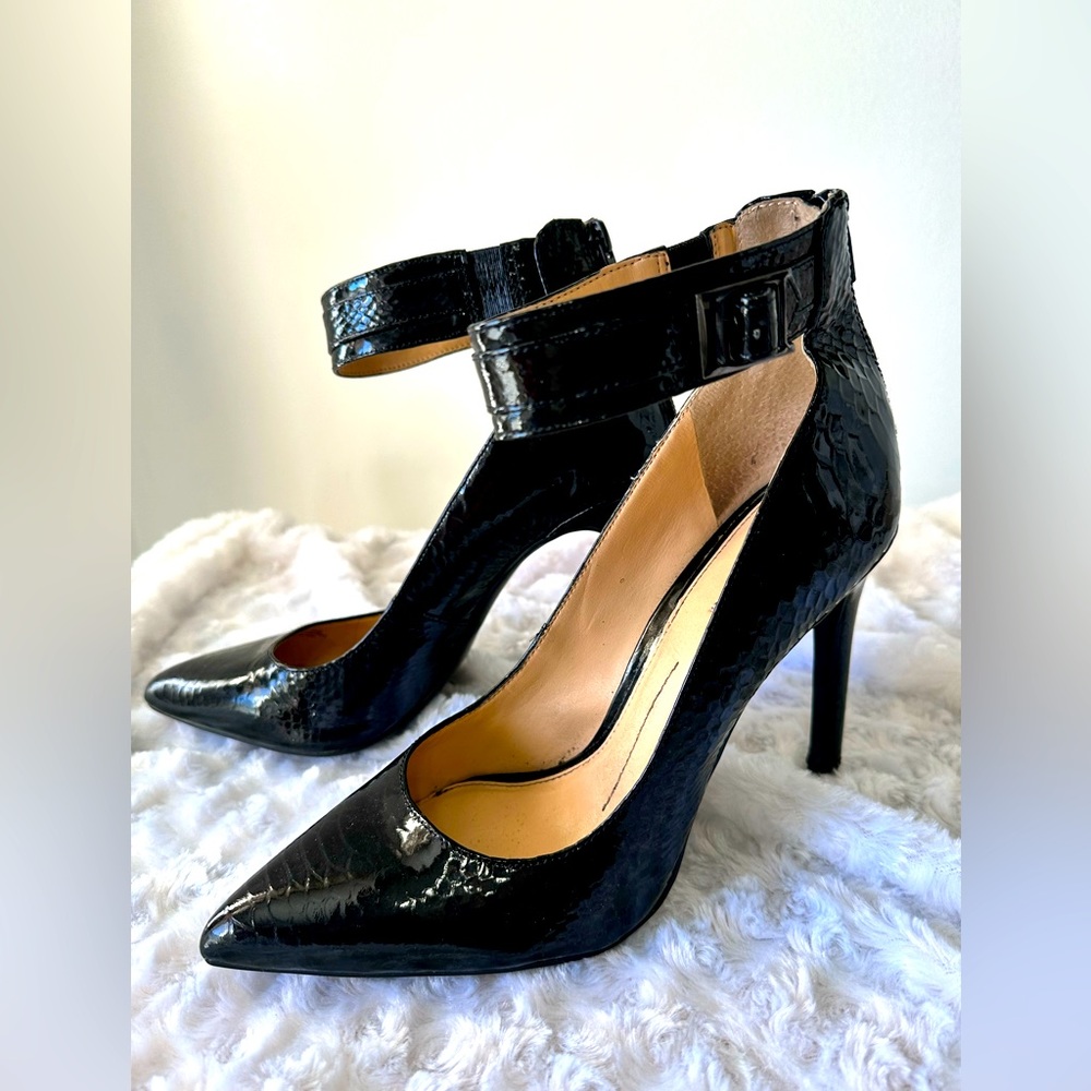 Gianni Bini Black Patent Pointed-Toe Ankle-Strap Heels